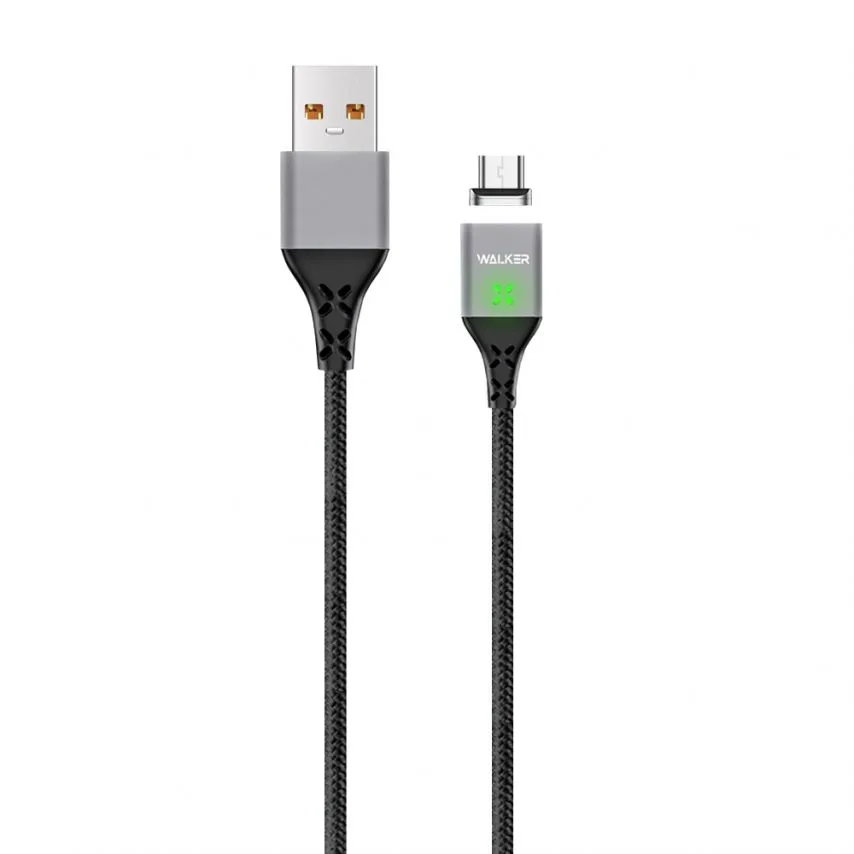 Кабель USB WALKER тканинний 1м чорний Micro Magnetic 3,3А Quick Charge