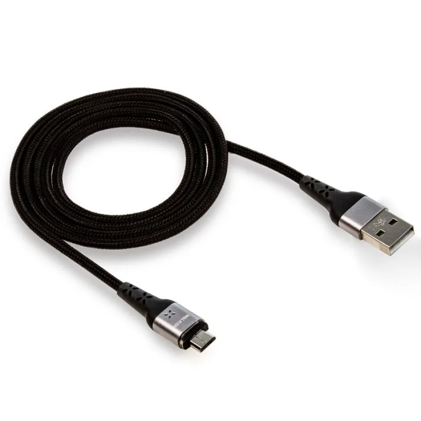 Кабель USB WALKER тканевый 1м черный Micro Magnetic 3,3А Quick Charge