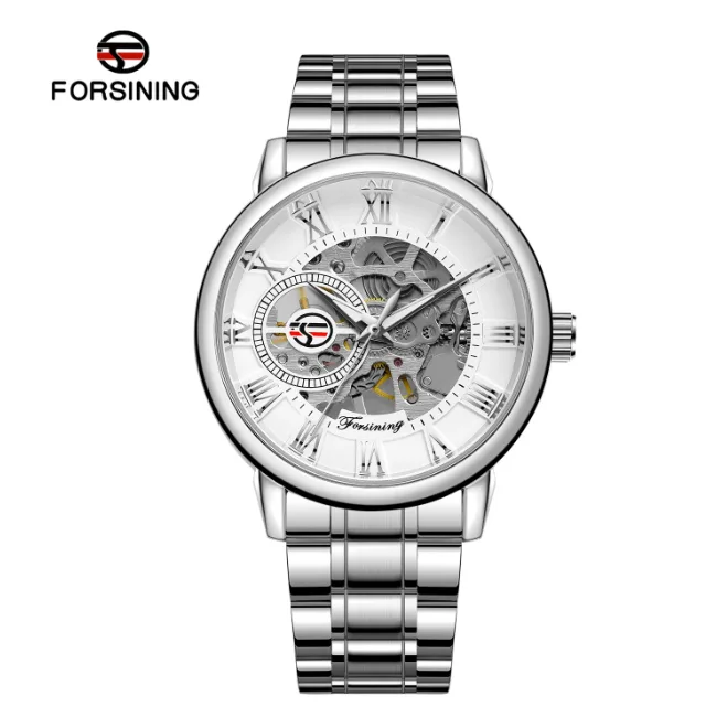 Мужские механические часы Forsining Skeleton S838-2 4,2 см Нержавеющая сталь Серебро с белым