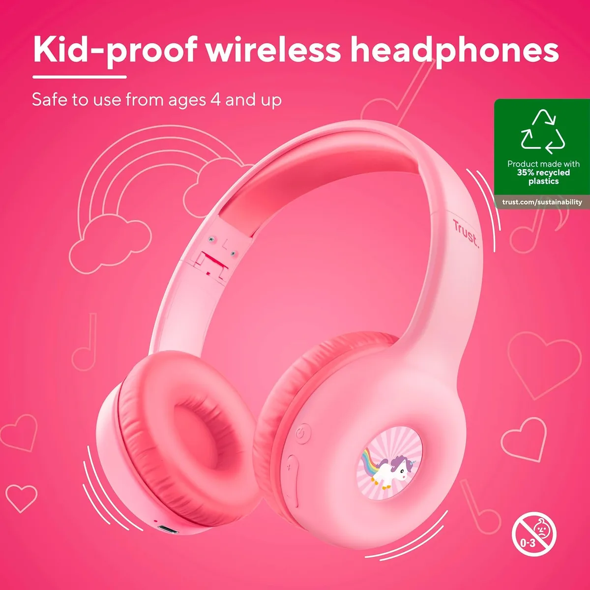 Наушники On-ear Trust Nouna Kids, беспроводные, с микрофоном, розовые.