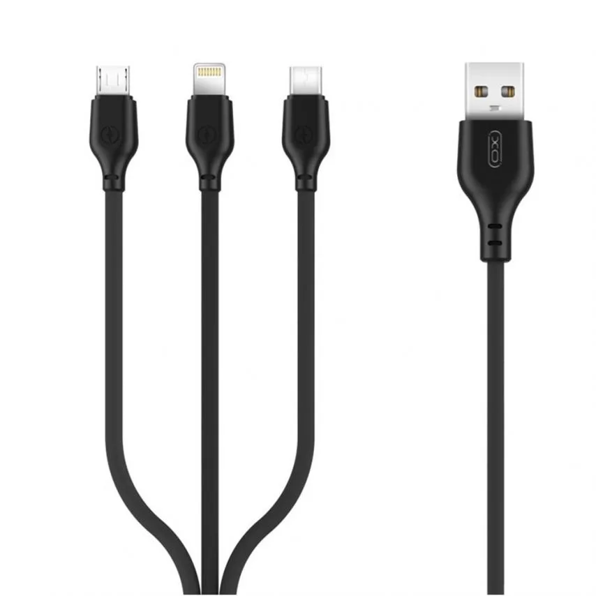Кабель USB 3в1 XO силіконовий 1м чорний Micro Type-C Lightning 2.1A Quick Charge
