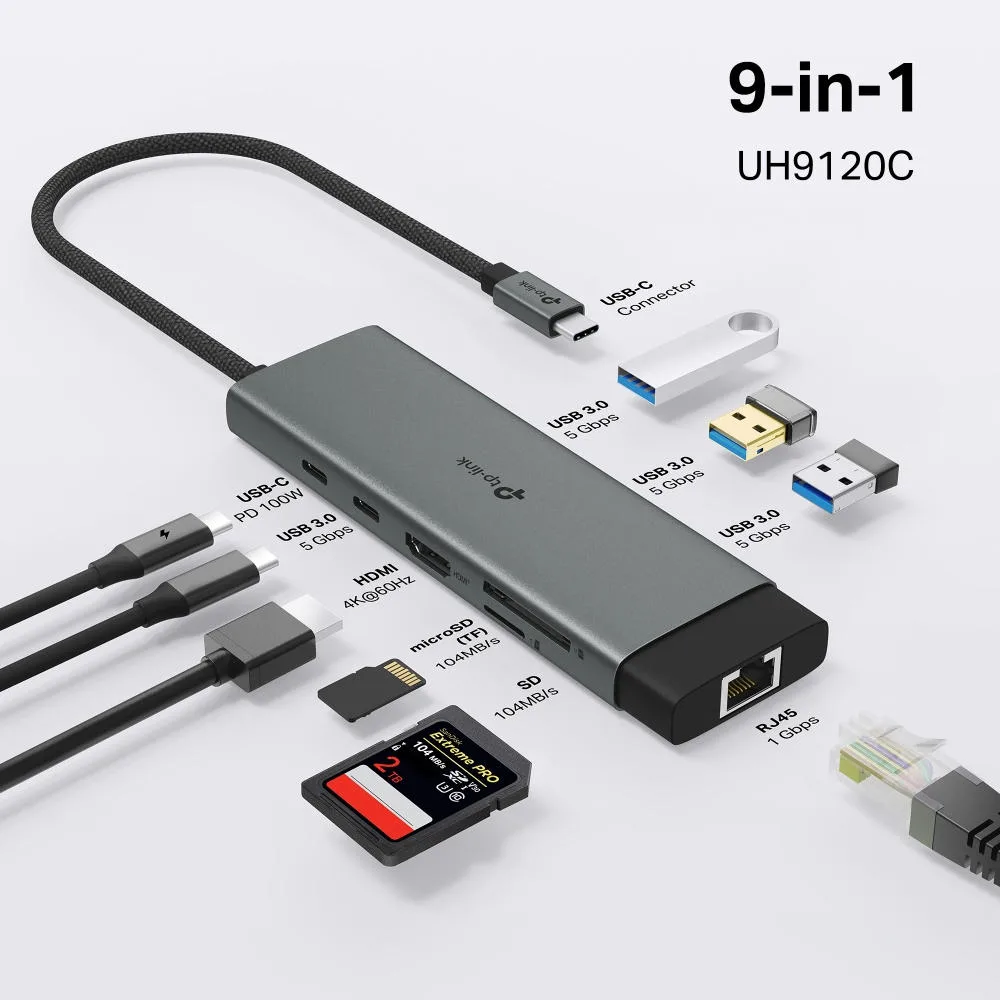 USB-хаб TP-LINK UH9120C USB-C > 3xUSB3.0/1xUSB-C/xHDMI/1xRJ45/1xSD/1xmicroSD/1xPD 100Вт