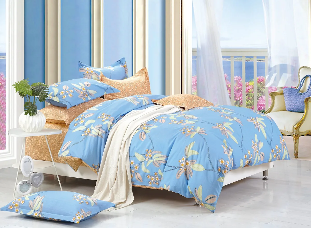 Півтораспальний комплект постільної білизни Home Line Сатин 160х230 Блакитний Помаранчевий