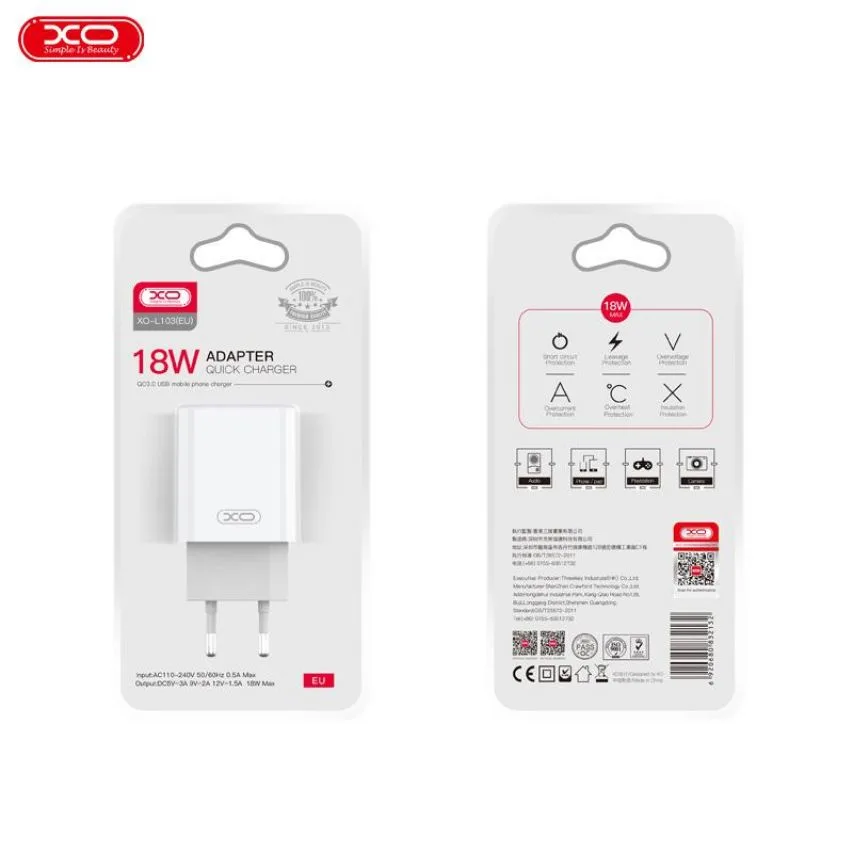 Мережевий зарядний пристрій XO 18W 1USB 3A Quick Charge білий