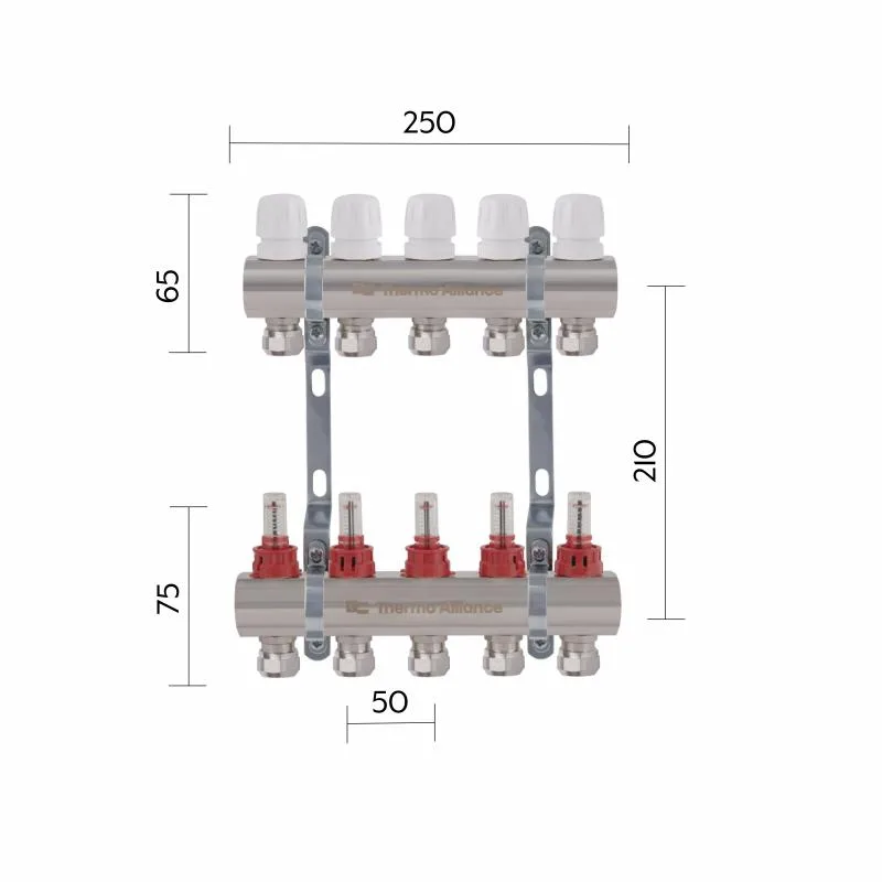 Коллектор латунный 1"x5 с расходомерами Thermo Alliance для систем отопления и водоснабжения