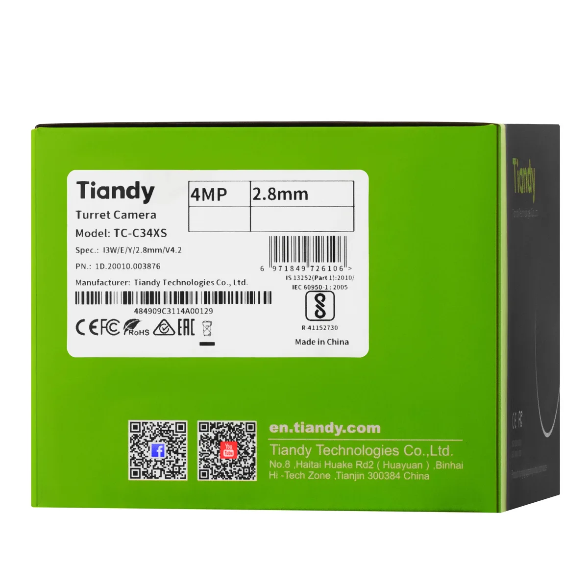 IP-камера Tiandy TC-C34XS Спецификация: I3W/E/Y/2.8mm/V4.2, 4MP, Starlight Color Maker Turret, 2.8mm, f/1.6, IR30m, LED15m, PoE, IP67
