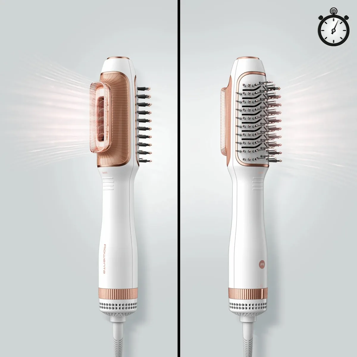 Фен-щітка Rowenta Reverso DryBrush 2в1, 1200Вт, 3 режими, іонізація, холодний обдув, 2 насадки, керамічне покриття, біло-золотисти