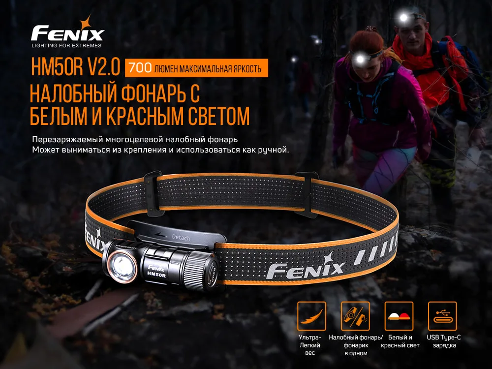 Ліхтар налобний Fenix алюміній 64х36 мм білий червоний