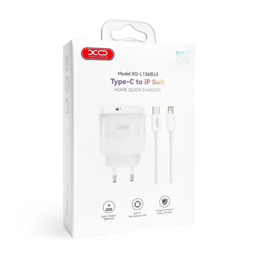 Зарядний пристрій XO Type-C 20W кабель Type-C to Lightning 1м білий