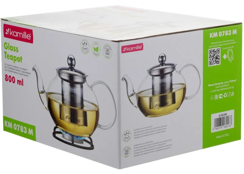 Чайник скляний заварний Kamille боросилікатне скло 800 мл з металевим ситечком
