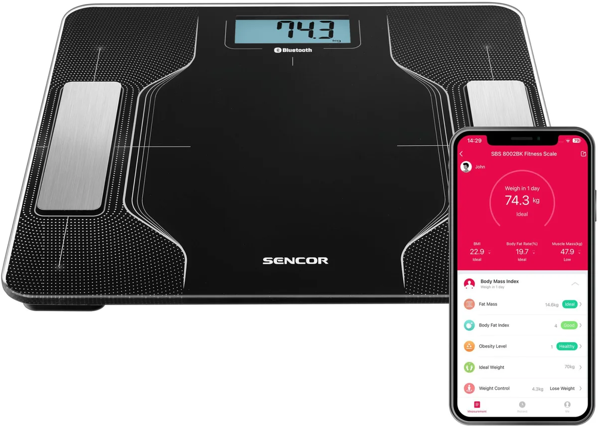 Підлогові ваги Sencor, 180 кг, живлення AAAx2, синхронізація зі смартфоном, скляна поверхня, чорний колір.