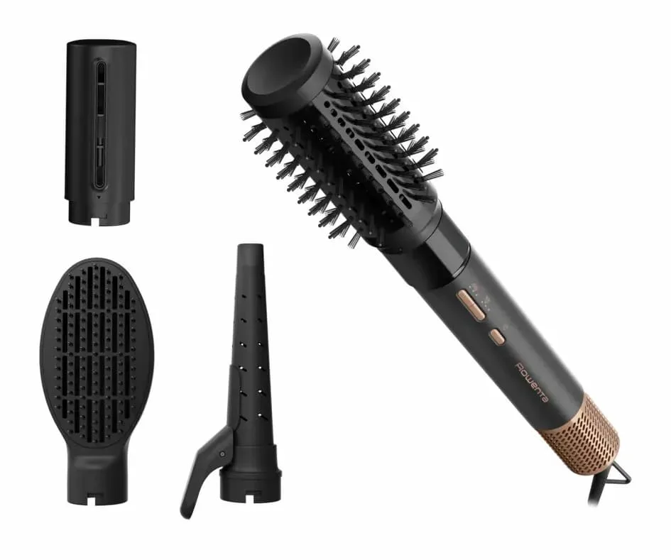 Фен-щітка Rowenta Air Shape, 1300 Вт, 3 режими роботи, іонізація, холодний обдув, 4 насадки, керамічне покриття, чорний з золотими