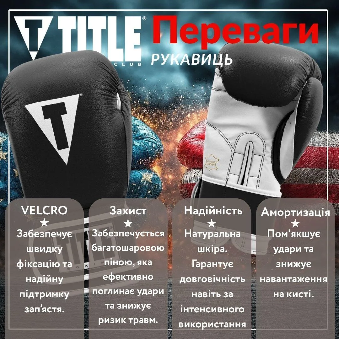Боксерські рукавиці TITLE натуральна шкіра 14 oz чорні з бинтами 4 м