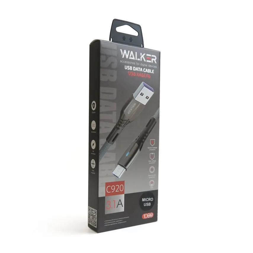 Кабель USB WALKER тканинний 1м Micro чорний 3,1А Quick Charge