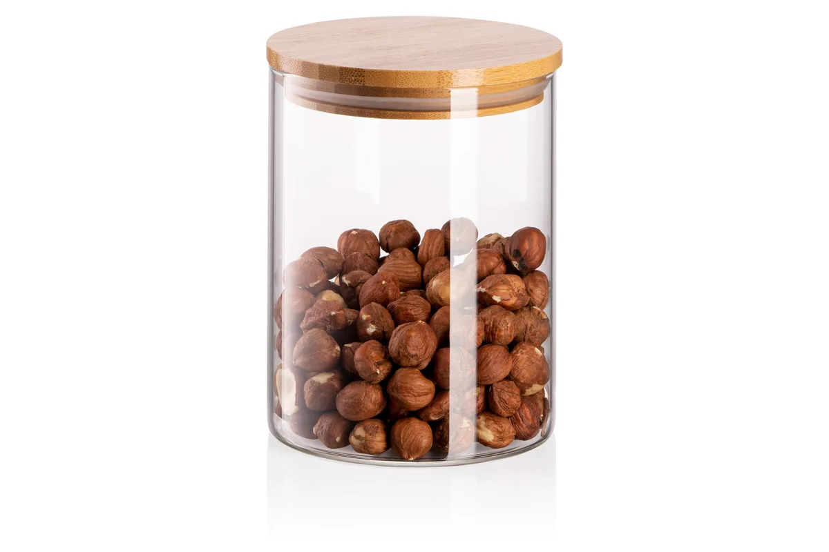 Контейнер для зберігання ARDESTO Midori, 540 мл, скляний, з бамбуковою кришкою, круглої форми, прозорий.