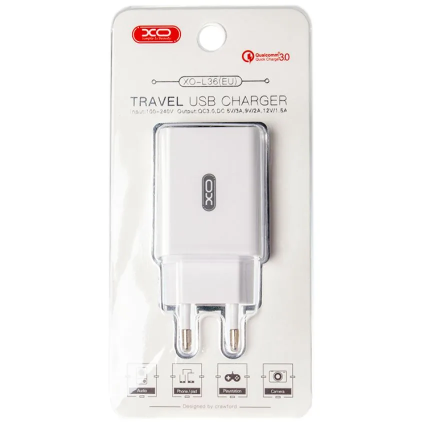 Мережевий зарядний пристрій XO адаптер USB 3А Quick Charge 3.0 білий