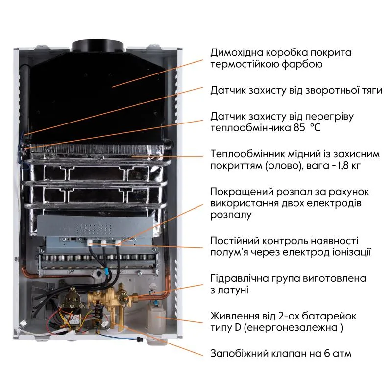Газова колонка JSD 20-10CLM 10 л димохідна відкрита камера біла