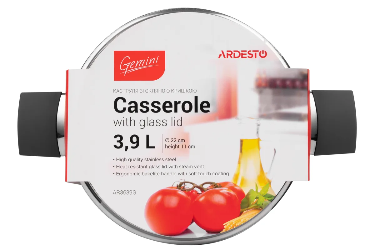 Кастрюля с прозрачной крышкой ARDESTO Gemini Trento, 39 л, из нержавеющей стали и бакелита