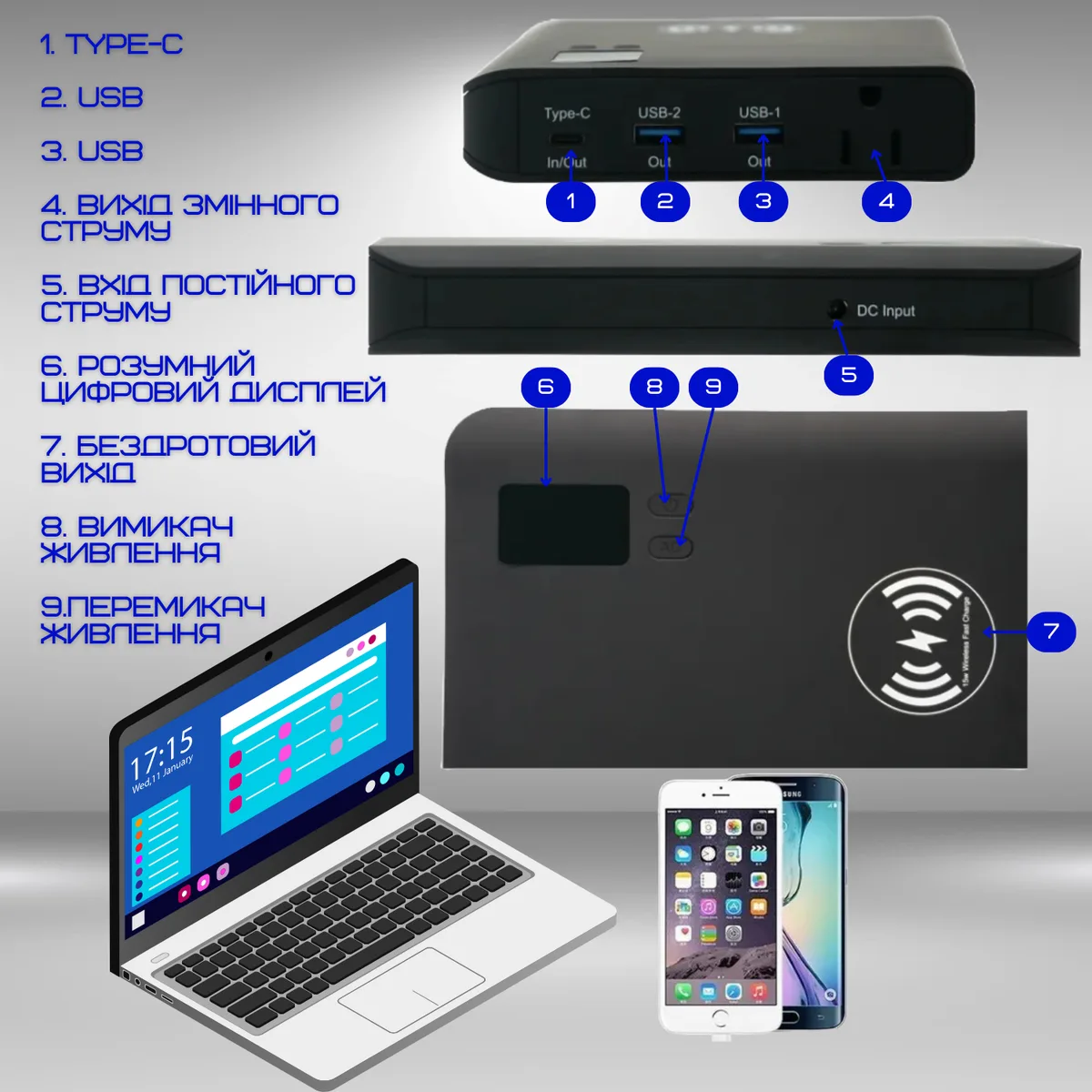 Портативная беспроводная зарядная станция 4в1 VHG KR-881 24000 мАч 85 Вт с розеткой 220V черная