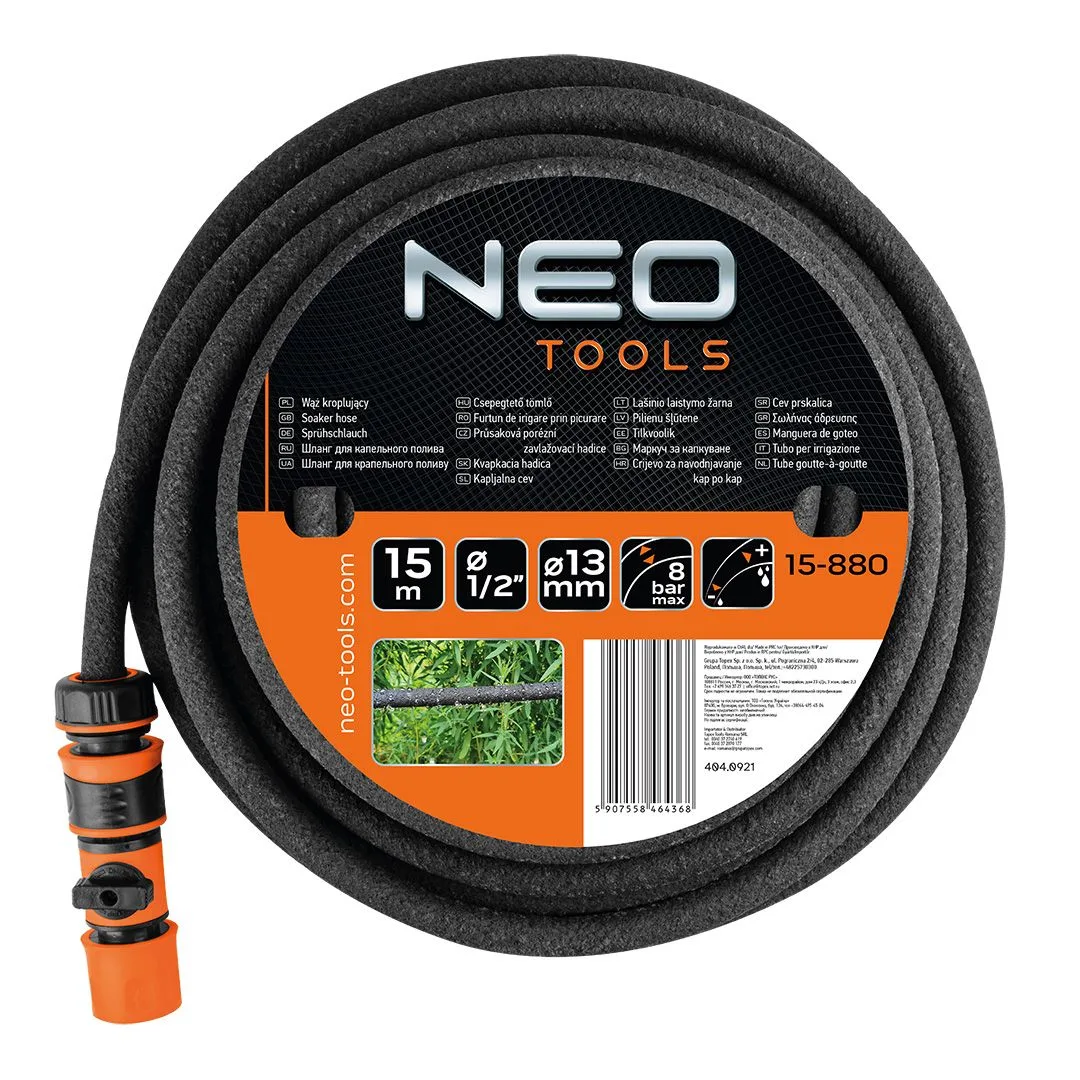 Шланг для капельного полива Neo Tools 1/2" длиной 15м, выдерживает давление до 8 бар.