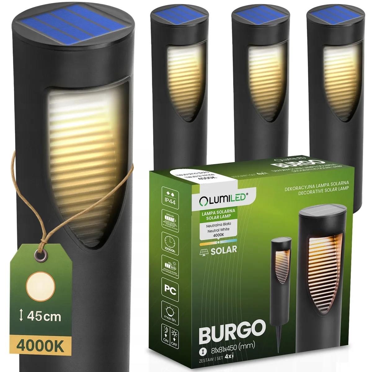 Садові LED стовпчики LumiLED 4 шт чорний пластик 45 см нейтральне світло 4000 K