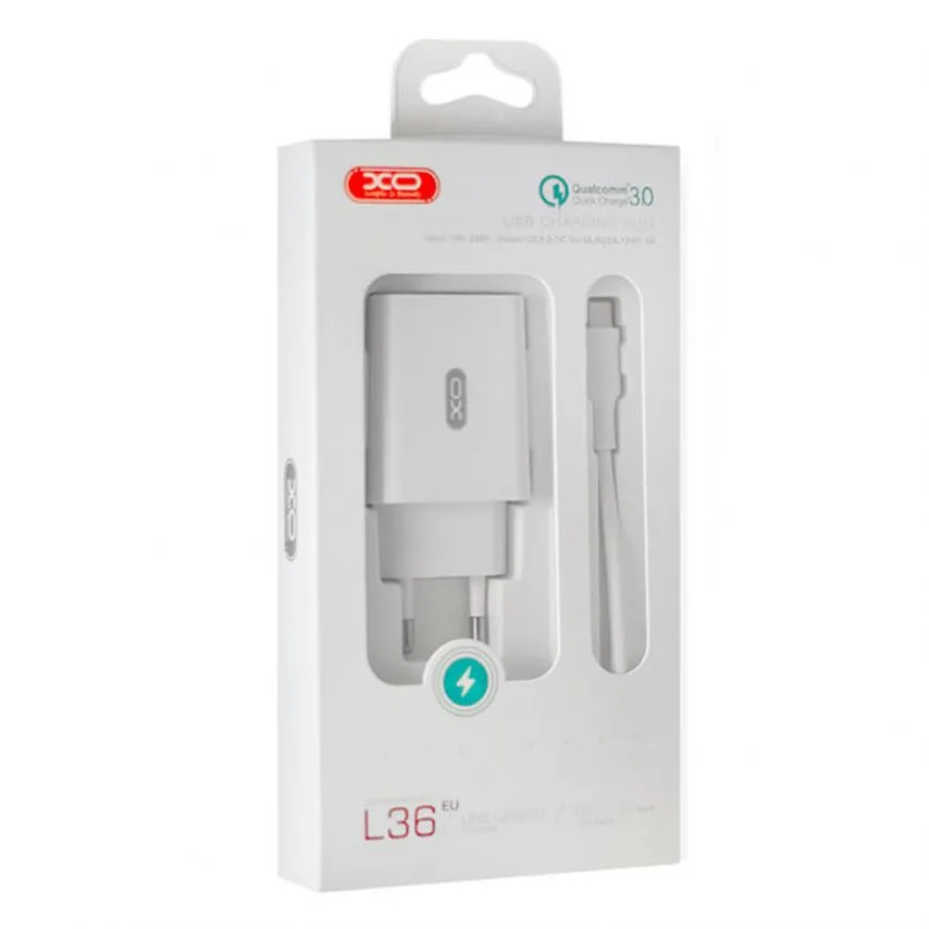 Зарядний пристрій XO 2в1 1USB Type-C 3A Quick Charge Білий