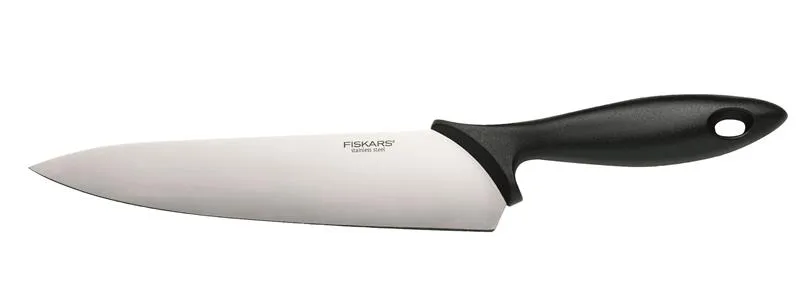 Кухарський ніж Fiskars Essential, 21.4 см, з нержавіючої сталі та пластиковою ручкою, чорного кольору.