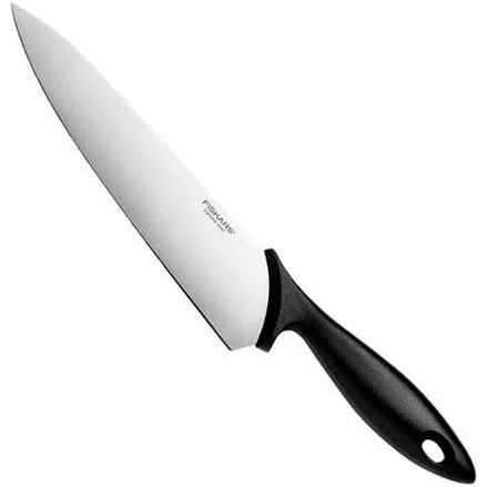 Кухарський ніж Fiskars Essential, 21.4 см, з нержавіючої сталі та пластиковою ручкою, чорного кольору.