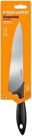 Кухарський ніж Fiskars Essential, 21.4 см, з нержавіючої сталі та пластиковою ручкою, чорного кольору.