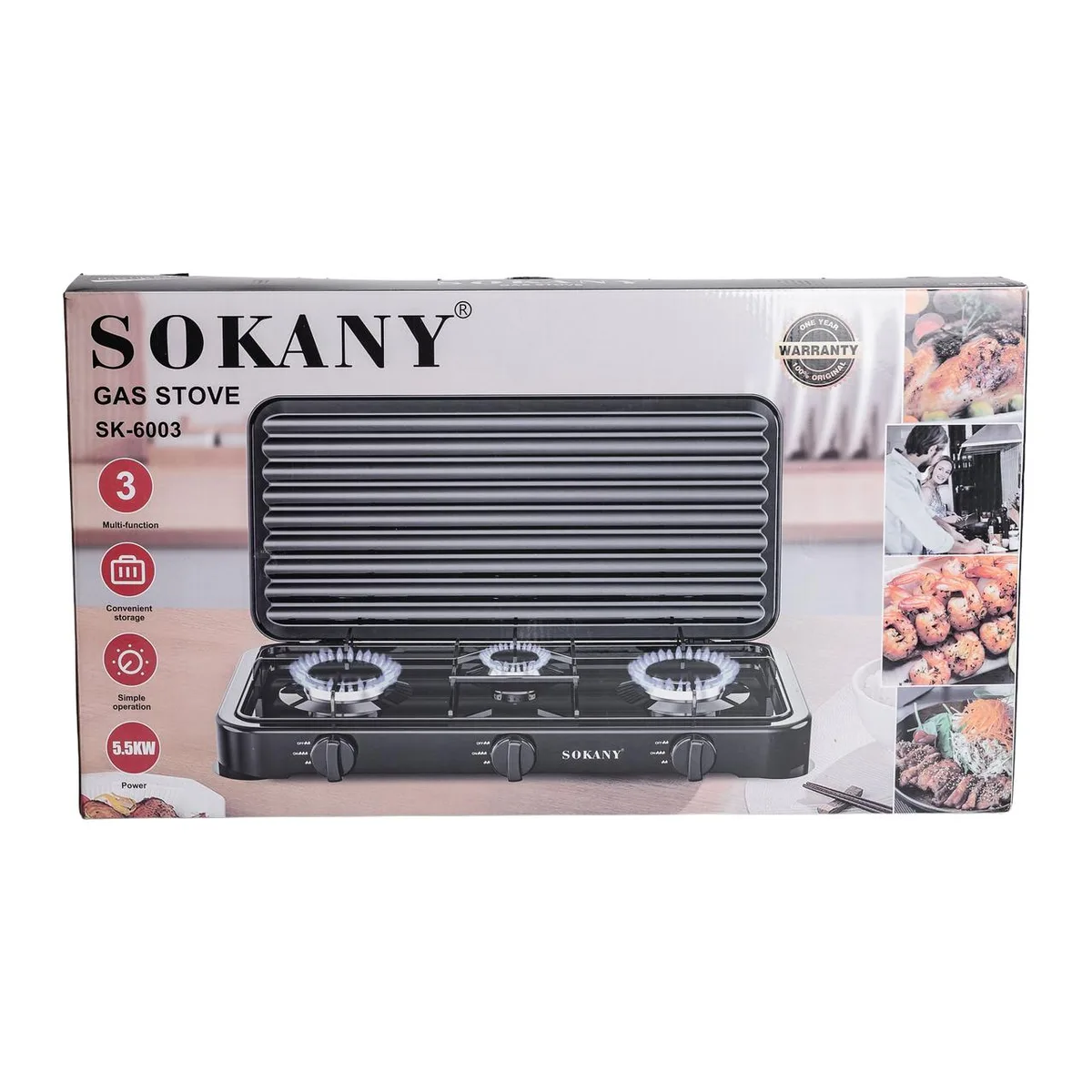 Настільна газова плита Sokany 3 конфорки 5.5 кВт Метал Білий 57.5х27.5х8 см