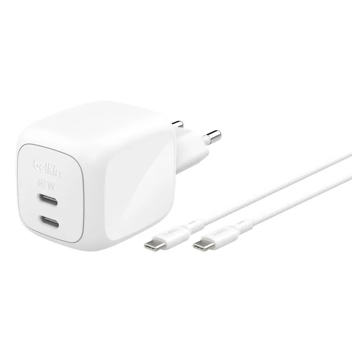Зарядний пристрій мережевий Belkin 67Вт 2хUSB-С GAN PD PPS, кабель USB-С > USB-C, 2м, білий