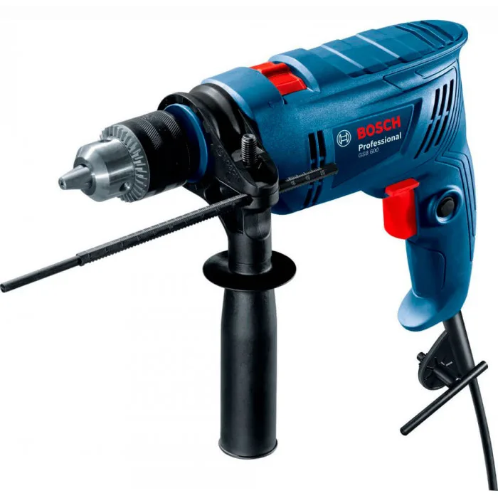 Ударний дриль Bosch Professional GSB 600 RE, 600 Вт, швидкість 0-3000 об/хв, діаметр свердління 1-10 мм, вага 1.7 кг.