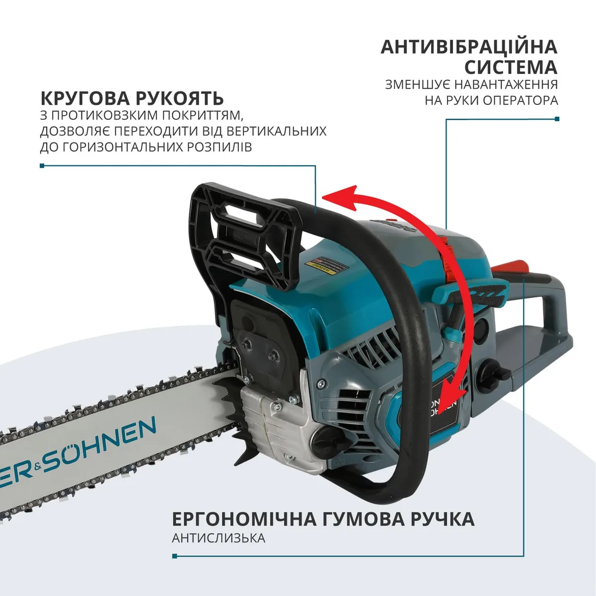 Бензинова пила KonnerSohnen KS CS31G-18, довжина шини 45 см, об'єм двигуна 54.5 см3, вага 5.6 кг.