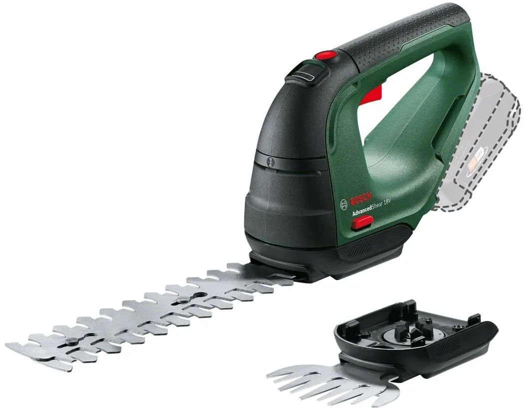 Акумуляторні ножиці для трави Bosch AdvancedShear 18В-10 з насадкою для кущорізу 10/20 см, крок різу 8 мм, вага 1.85 кг.