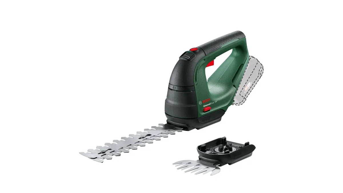 Акумуляторні ножиці для трави Bosch AdvancedShear 18В-10 з насадкою для кущорізу 10/20 см, крок різу 8 мм, вага 1.85 кг.