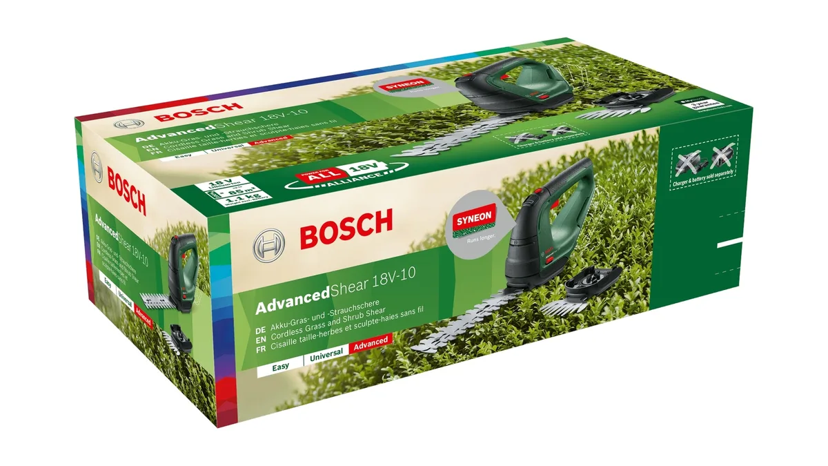 Акумуляторні ножиці для трави Bosch AdvancedShear 18В-10 з насадкою для кущорізу 10/20 см, крок різу 8 мм, вага 1.85 кг.