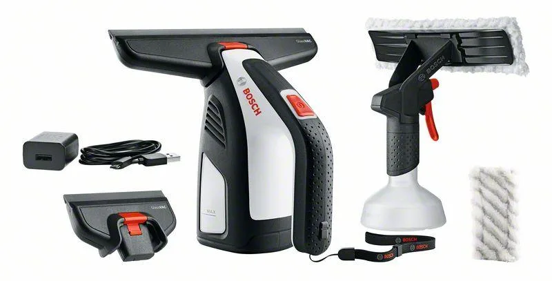 Акумуляторний віконний пилосос Bosch GlassVAC, 3.6В, 2Аг, об'єм контейнера 0.1 Л, вага 0.7 кг, комплектується насадками та пульвер