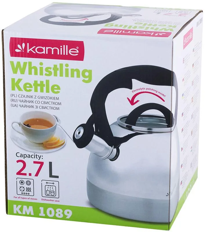 Чайник Kamille Whistling Kettle 2,7л из нержавеющей стали со свистком и стеклянной крышкой