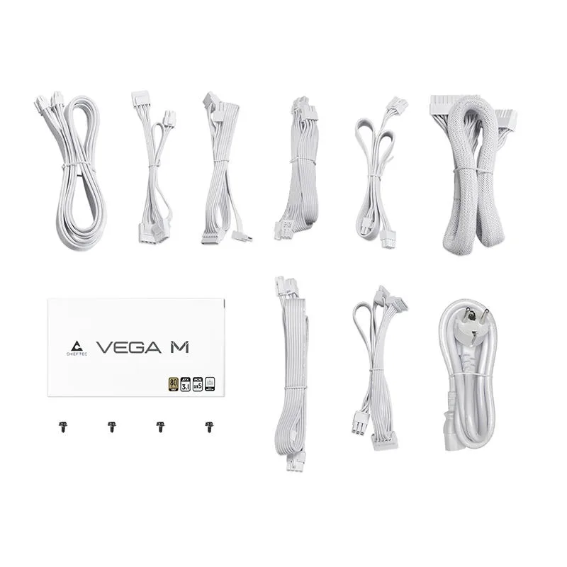 Блок живлення CHIEFTEC Vega M  (750W), >90%, 80+ Gold, 135мм FDB, 1xMB 24pin(20+4), 2xCPU 8pin(4+4), 3xMolex, 6xSATA, 4xPCIe 8pin(6+2), 1xPCIe GEN5 16pin, Fully Modular, White