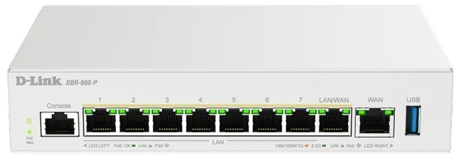 Мультисервiсний Маршрутизатор D-Link DBR-600-P, 7x2.5GE LAN PoE, 1x2.5GE LAN/WAN PoE, 1x2.5GE WAN, 1xUSB 3.0, 120Вт