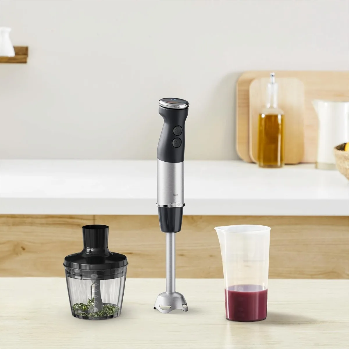 Занурювальний блендер Tefal Quickchef+ 1000Вт, 2 в 1, чаша 800 мл, подрібнювач 500 мл, турбо-режим, сріблясто-чорний.