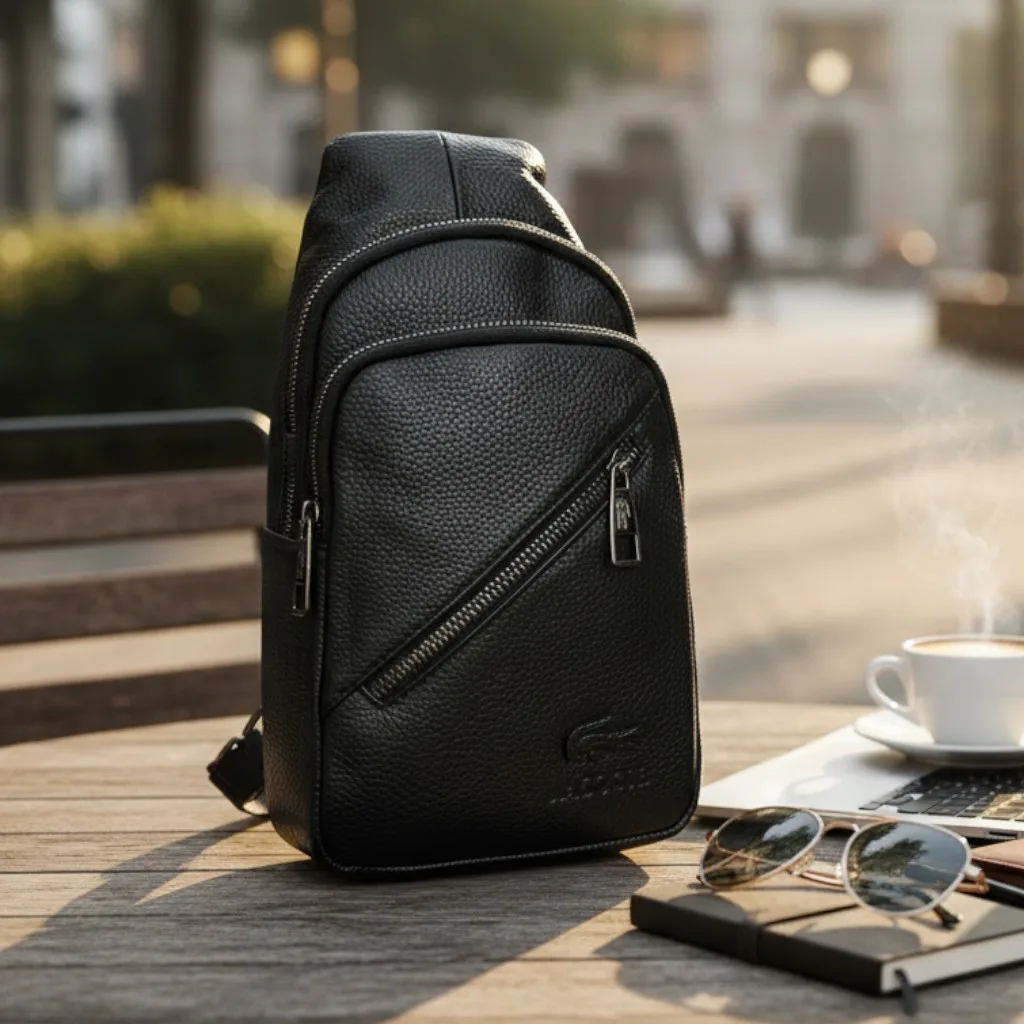 Чоловіча шкіряна сумка-бананка Lacoste 28x15x5 см натуральна шкіра чорна