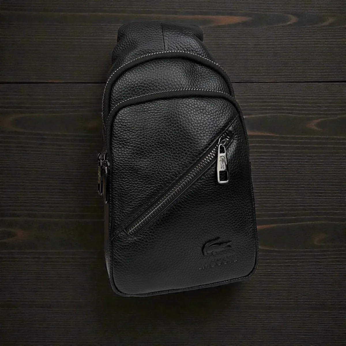Чоловіча шкіряна сумка-бананка Lacoste 28x15x5 см натуральна шкіра чорна