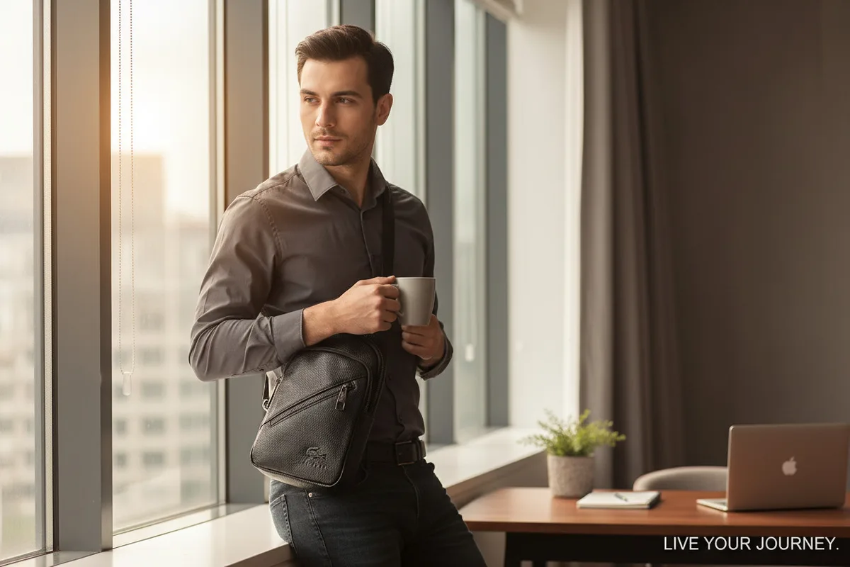 Чоловіча шкіряна сумка-бананка Lacoste 28x15x5 см натуральна шкіра чорна