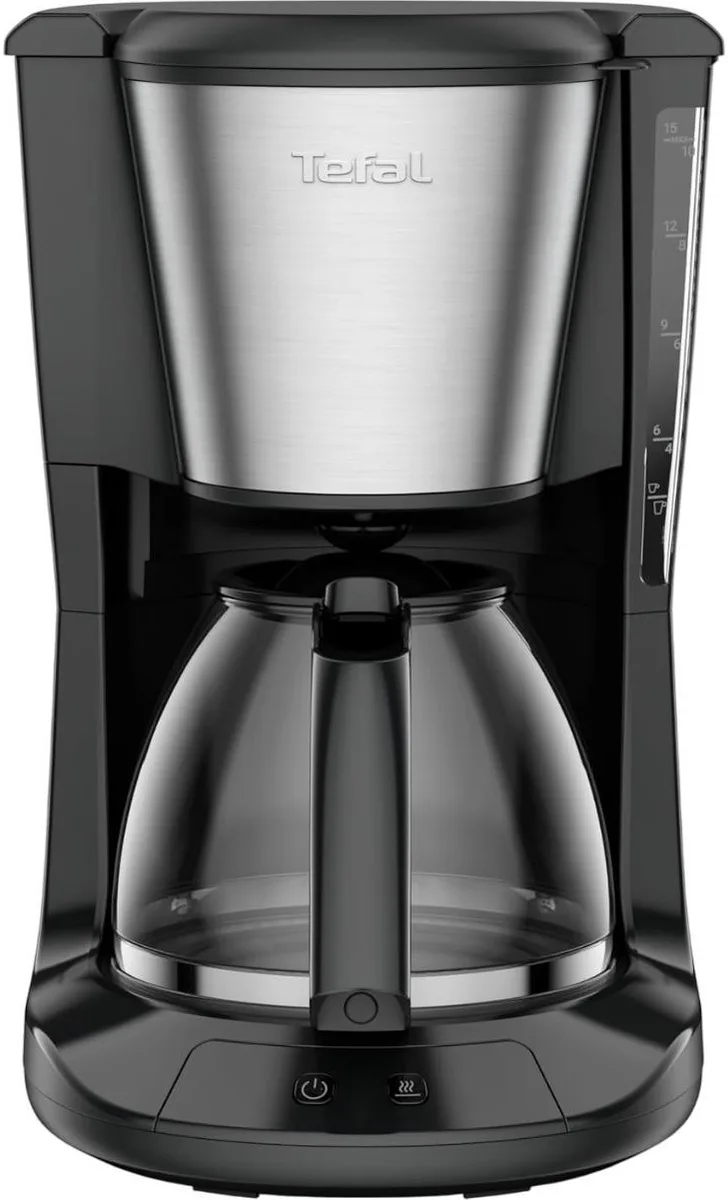Кавоварка Tefal крапельного типу Subito 1.25л, для меленого кави, чорна з сріблястими елементами.
