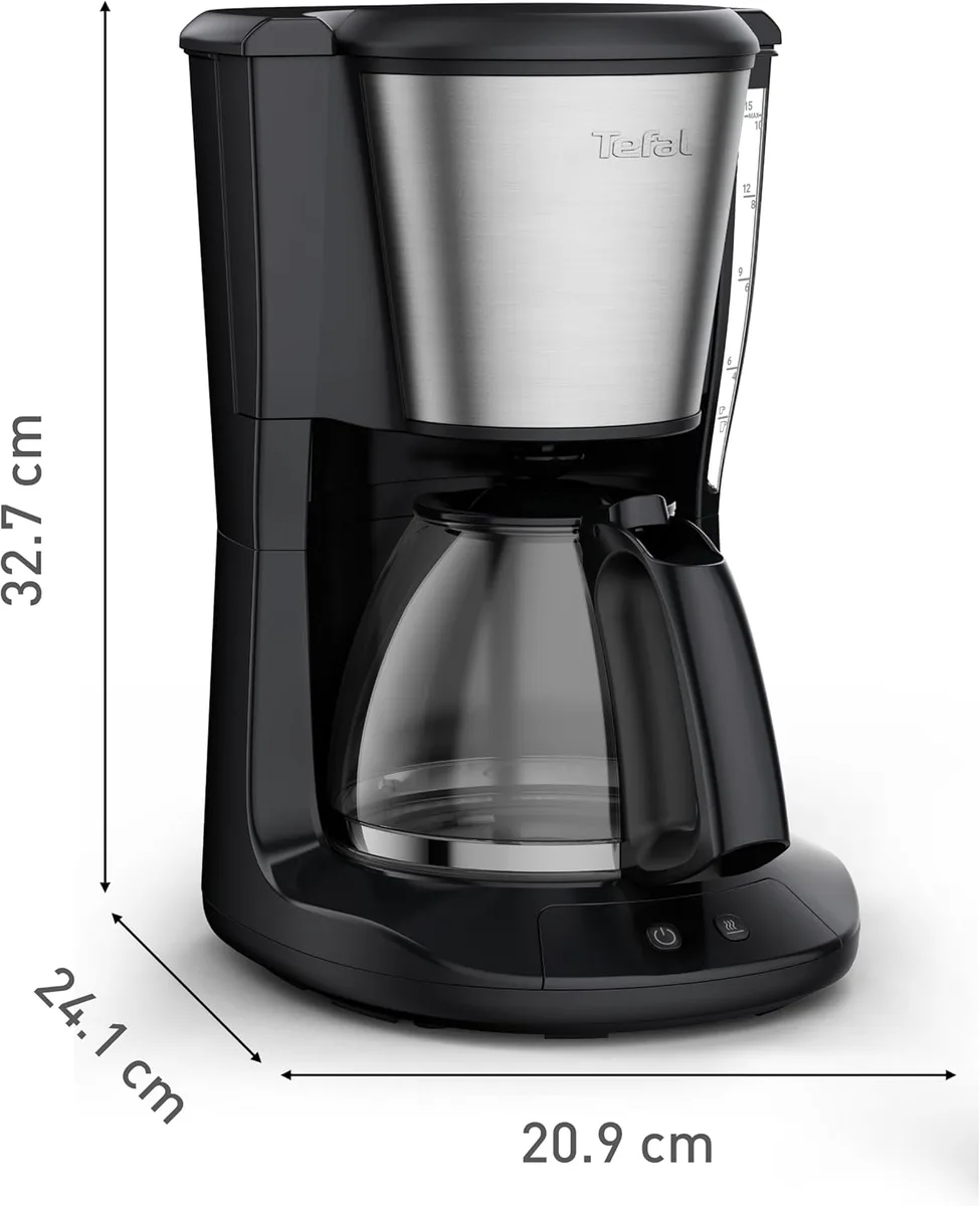 Кавоварка Tefal крапельного типу Subito 1.25л, для меленого кави, чорна з сріблястими елементами.