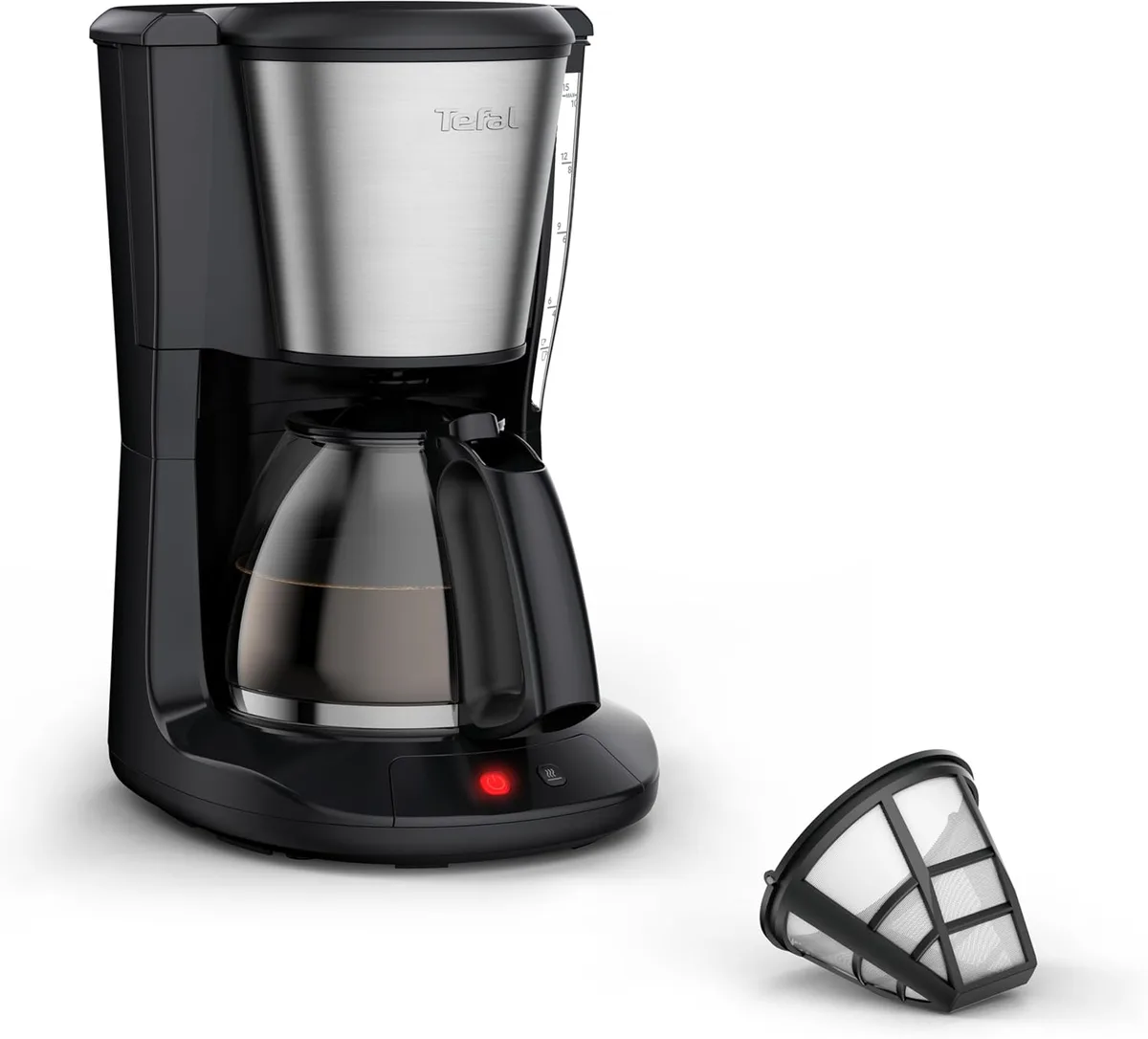 Кавоварка Tefal крапельного типу Subito 1.25л, для меленого кави, чорна з сріблястими елементами.