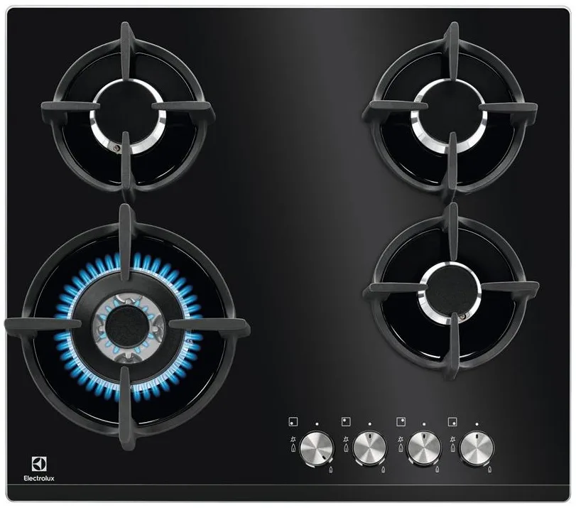 Газова варильна поверхня Electrolux на скляній основі, 60 см, з чавунними решітками, чорного кольору.