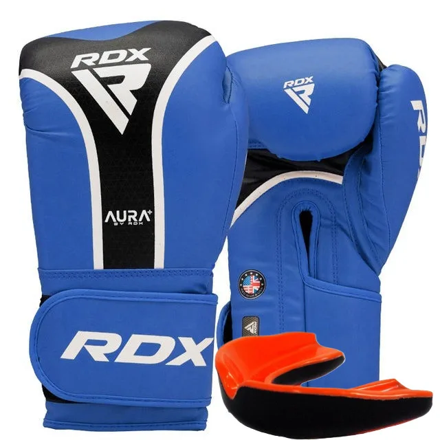 Боксерские перчатки RDX PU 16 унций Синие/Черные с капой в комплекте.