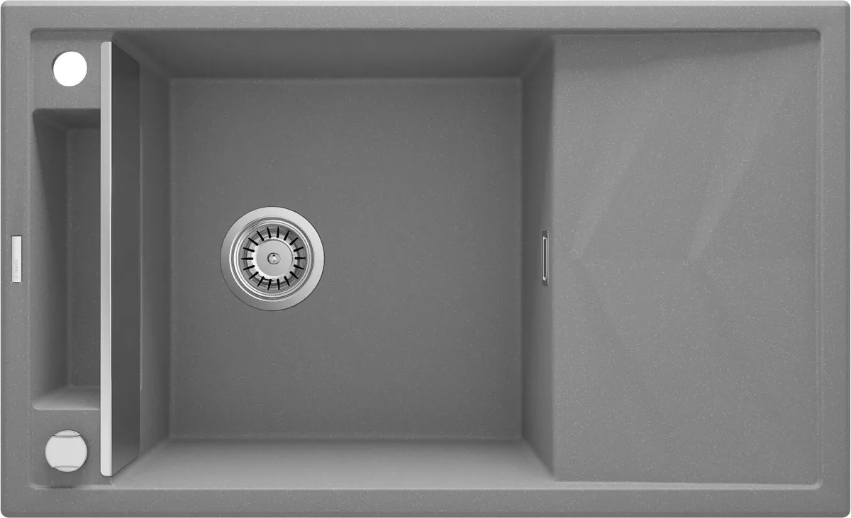 Кухонна мийка Deante Magnetic, гранітна, прямокутна, з бічною полицею, розміри 820х500х219мм, одна чаша, накладна, сірого кольору.